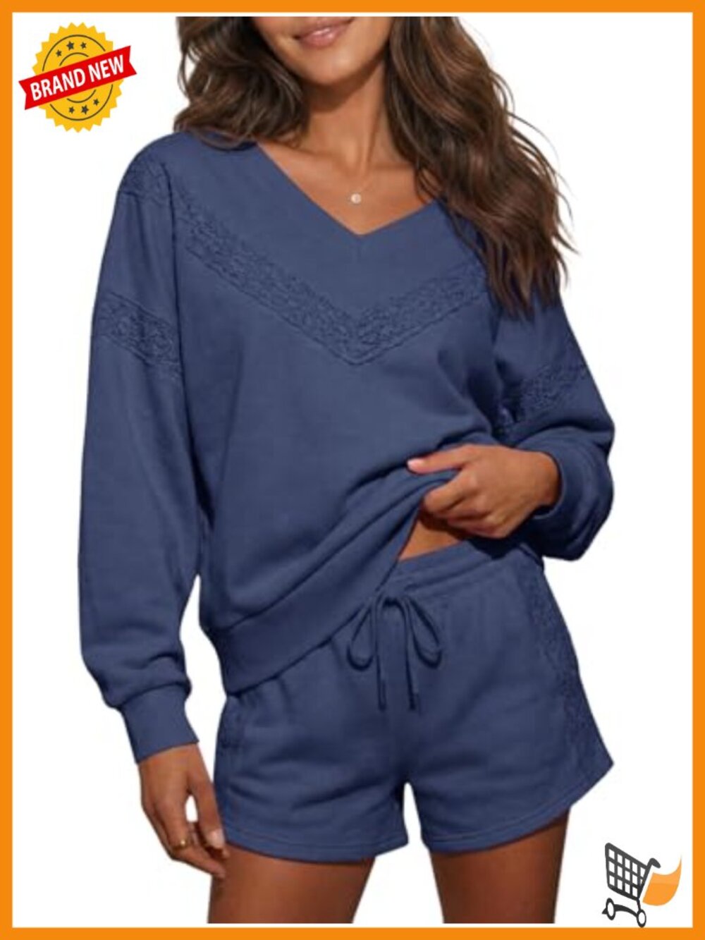 Womens Lace V Neck Long Sleeve Sweatshirt Shorts Set Casual 2 Piece Outfit